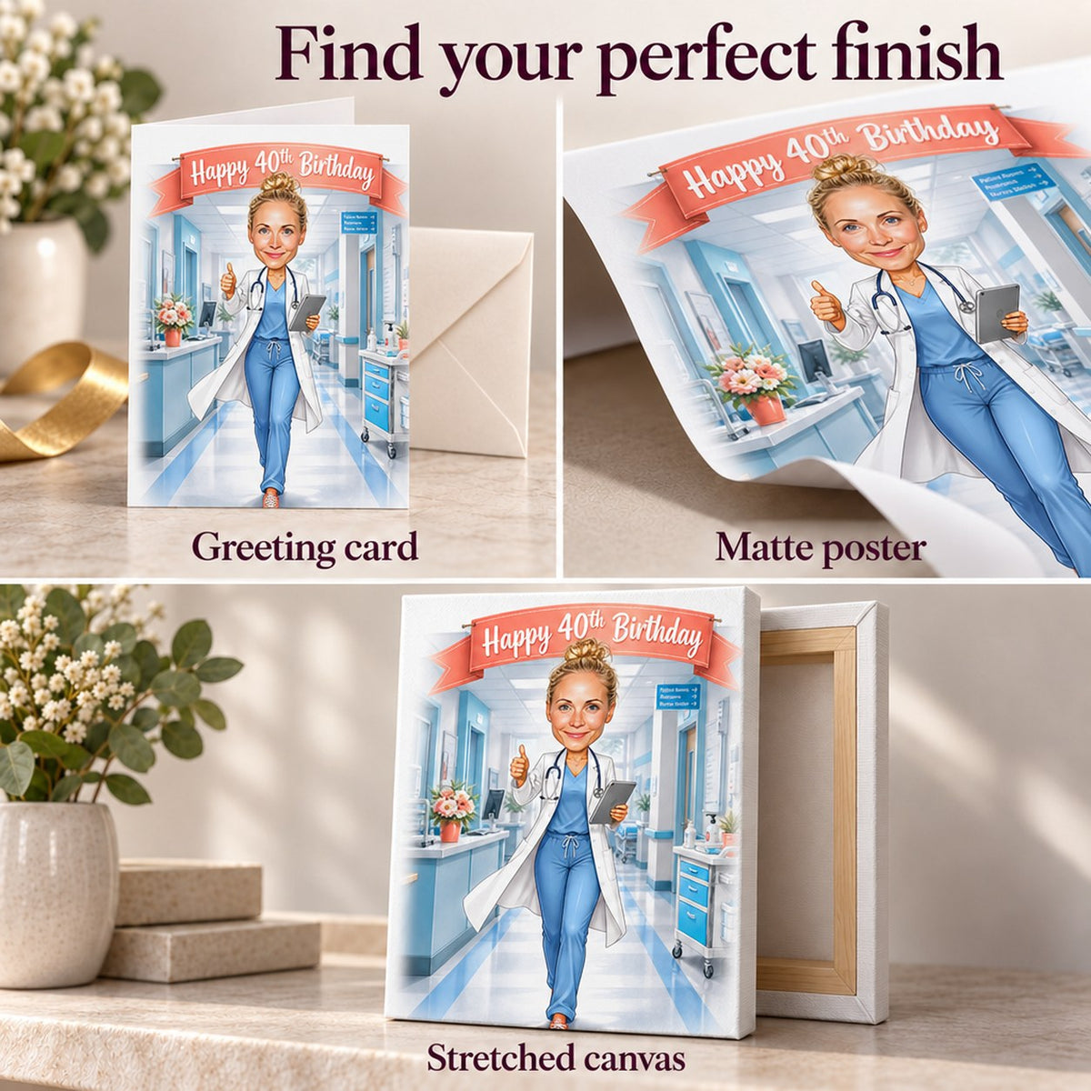 Greeting card, matte poster, and stretched canvas finishes displayed side by side