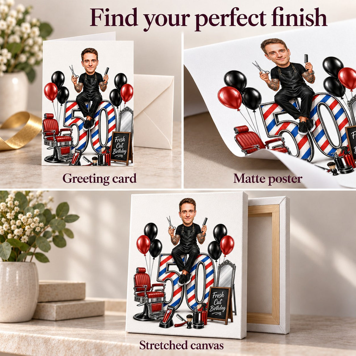 Greeting card, matte poster, and stretched canvas finish closeups