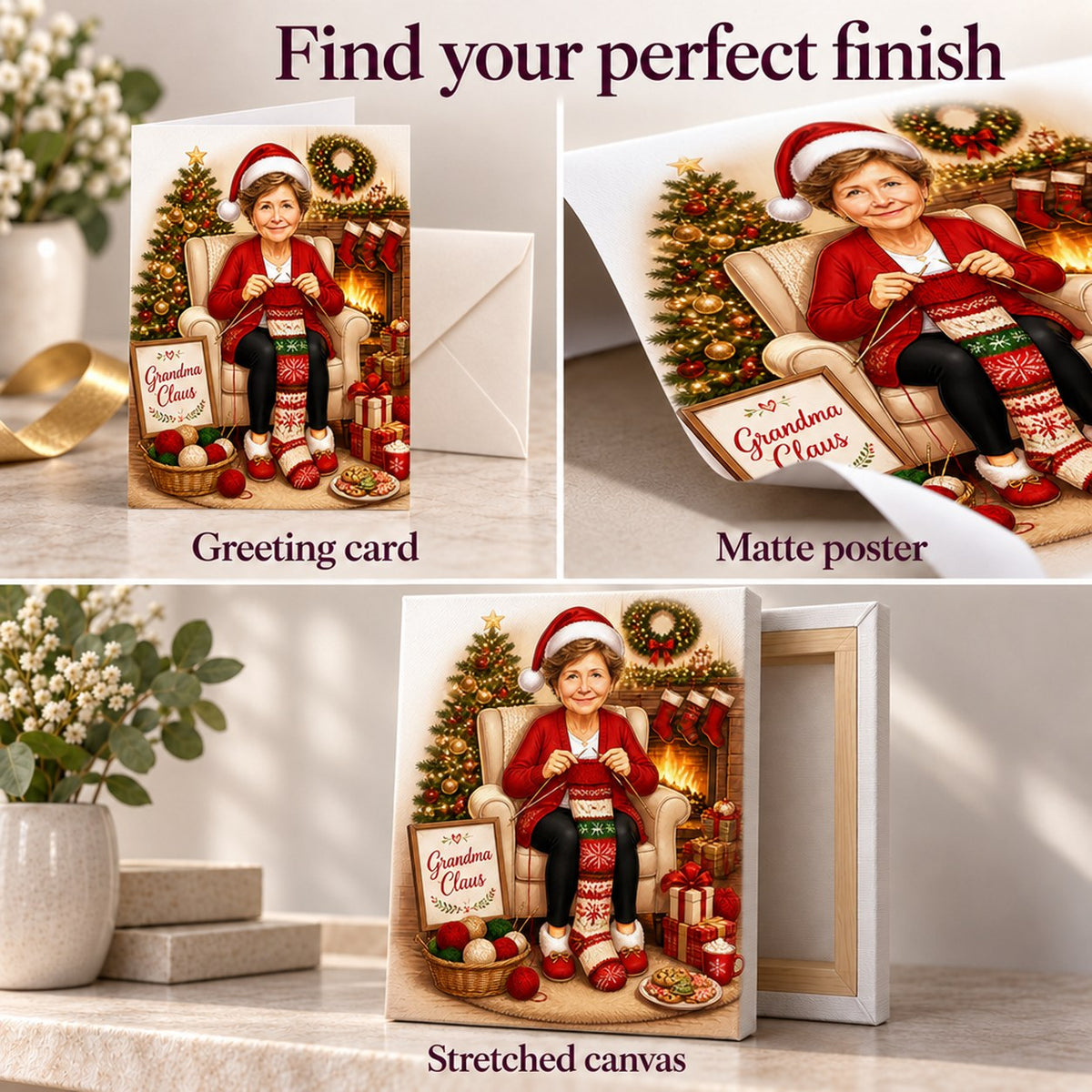 Matte poster, stretched canvas, and 5x7 greeting card with envelope shown side by side.
