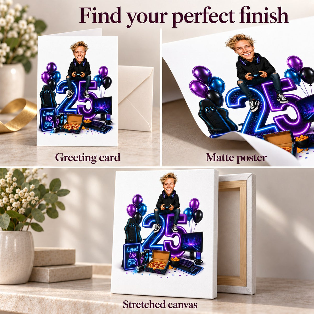 Greeting card, matte poster, and stretched canvas finishes show vibrant neon gaming scene.