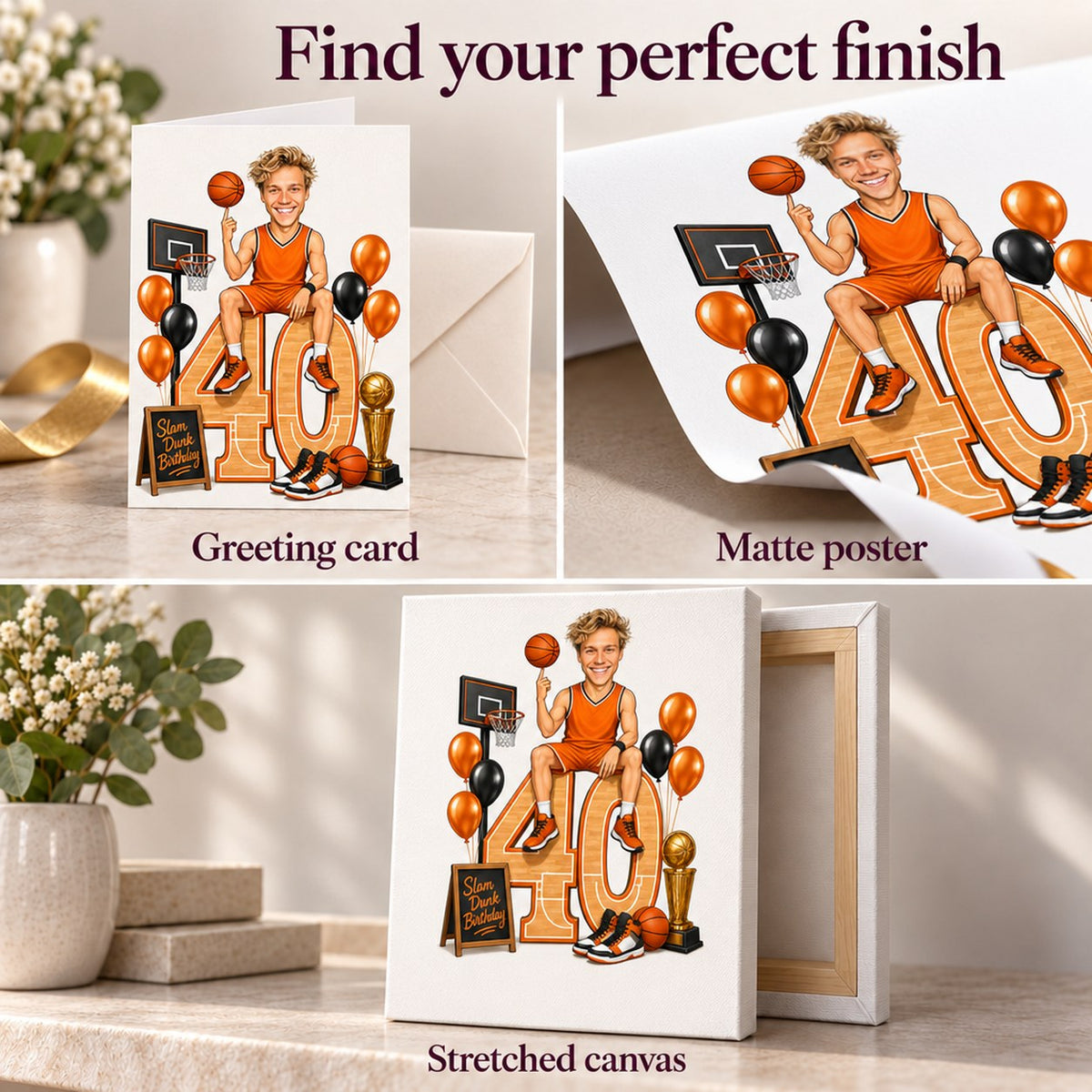 Closeup of greeting card, matte poster, and stretched canvas basketball caricature finishes.