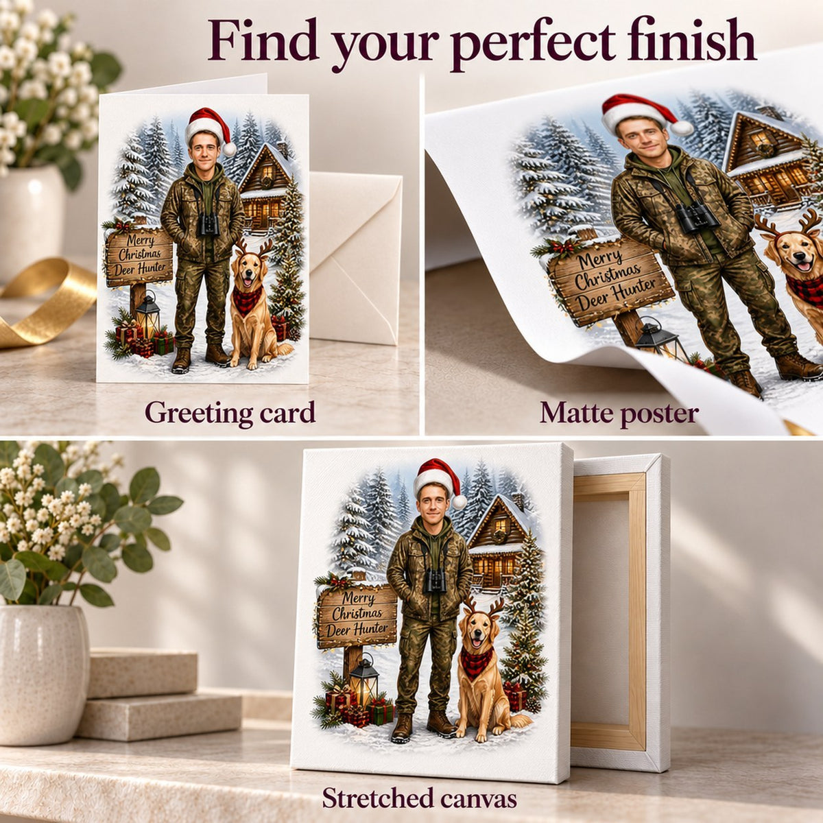 Matte poster, stretched canvas, and 5x7 greeting card finishes shown side by side