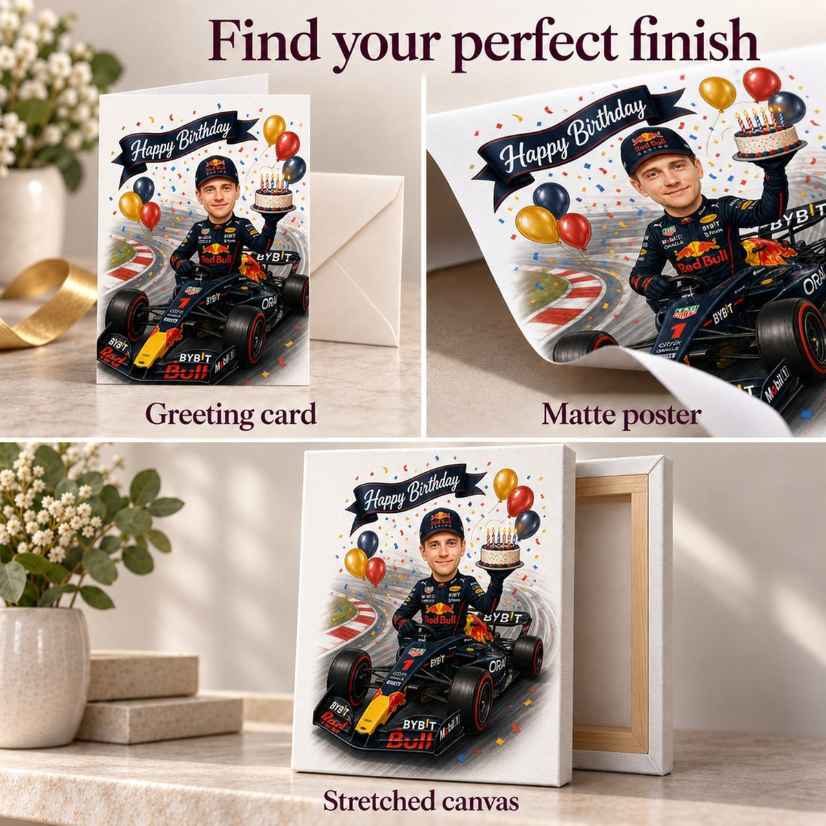 Matte poster, stretched canvas, and 5x7 greeting card finish options shown.
