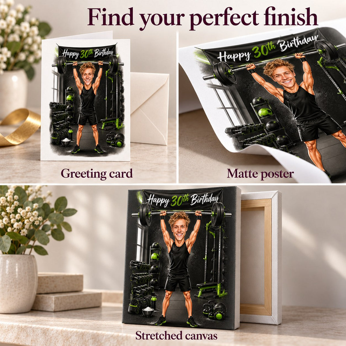 Greeting card, matte poster, and stretched canvas finishes shown with crisp colors and details