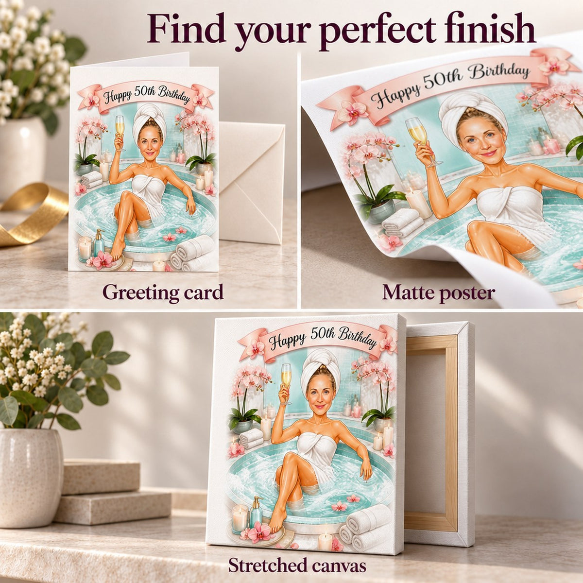 Greeting card, matte poster, and stretched canvas finish options for the spa caricature.