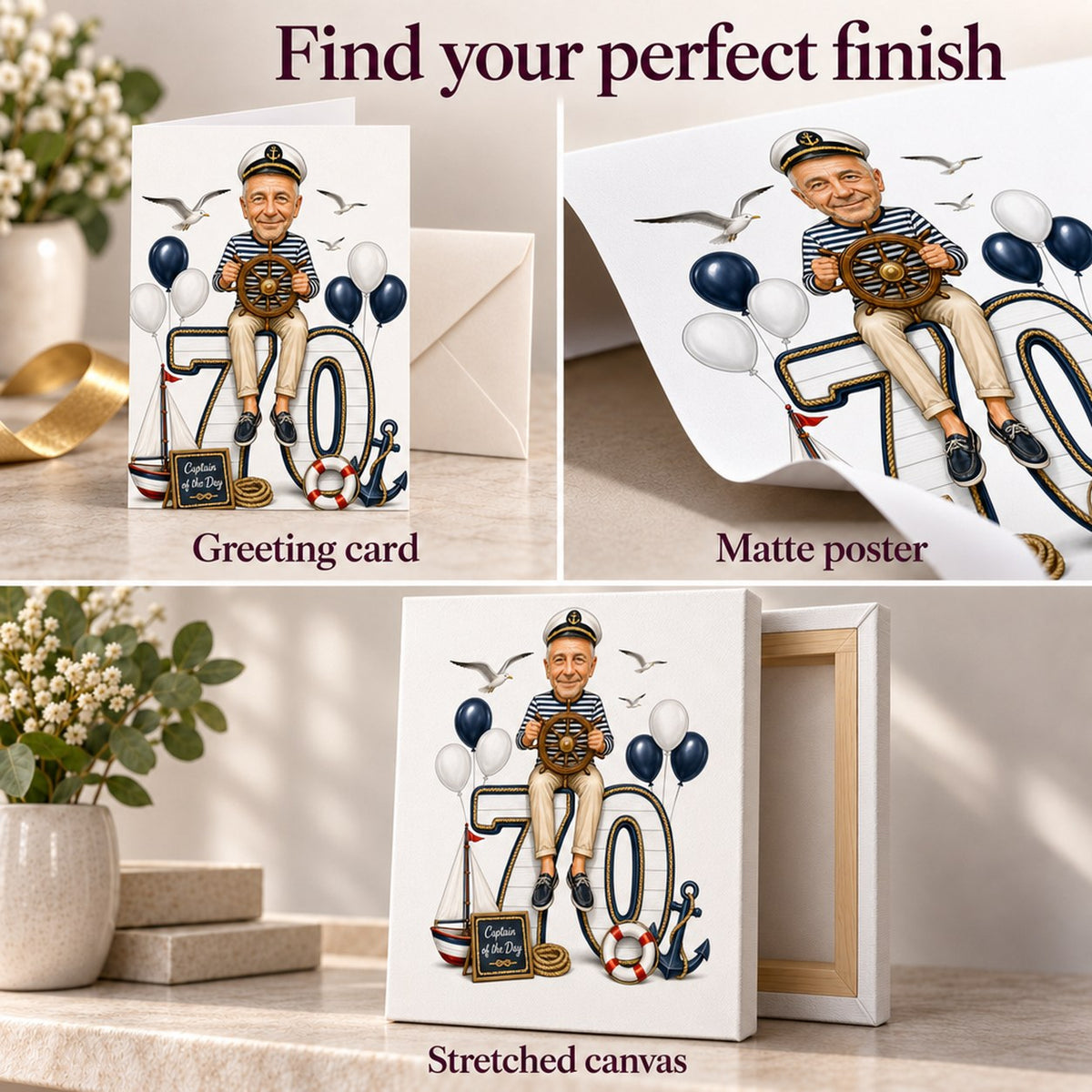 Greeting card, matte poster, and stretched canvas finishes with rich navy colors.