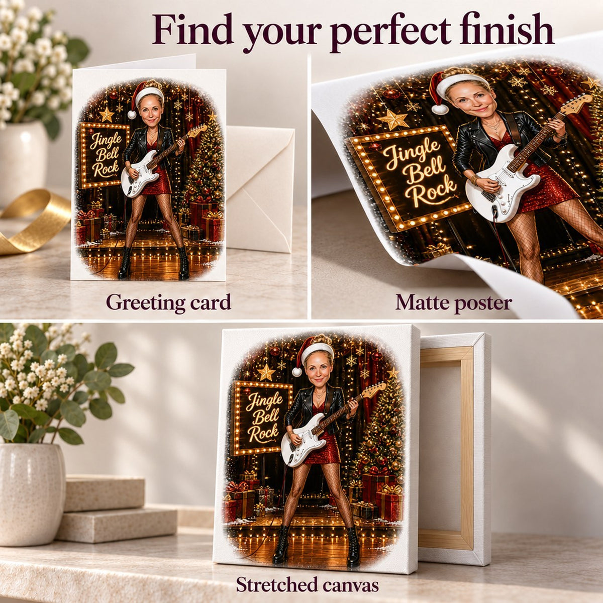 Matte poster, 5x7 greeting card, and ready-to-hang stretched canvas options shown.