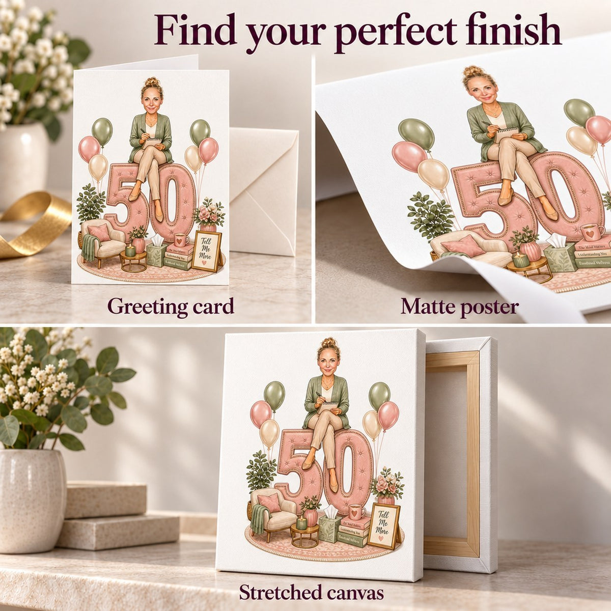 Greeting card, matte poster, and stretched canvas finishes for custom psychologist birthday cartoon.