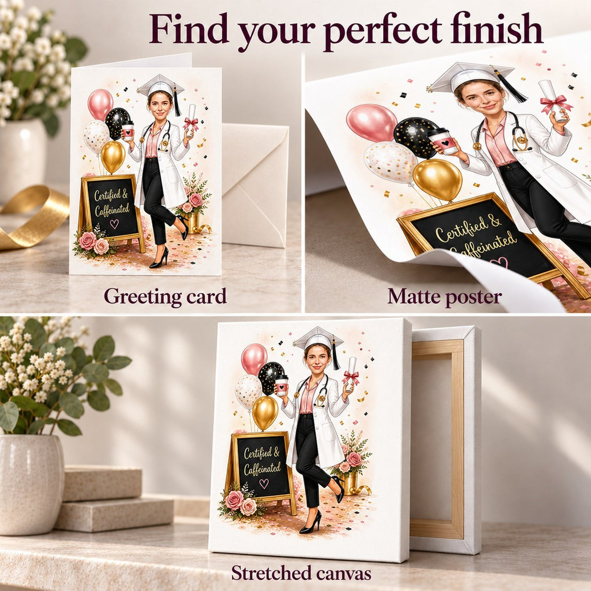 Closeups of greeting card, matte poster, and stretched canvas textures and edges.