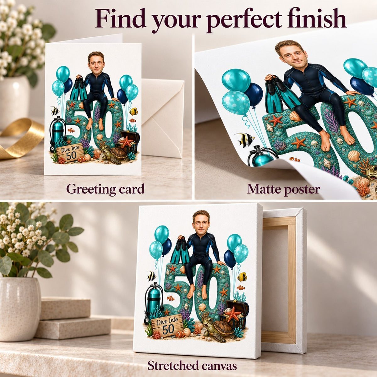 Greeting card, matte poster, stretched canvas, and digital file format options shown.