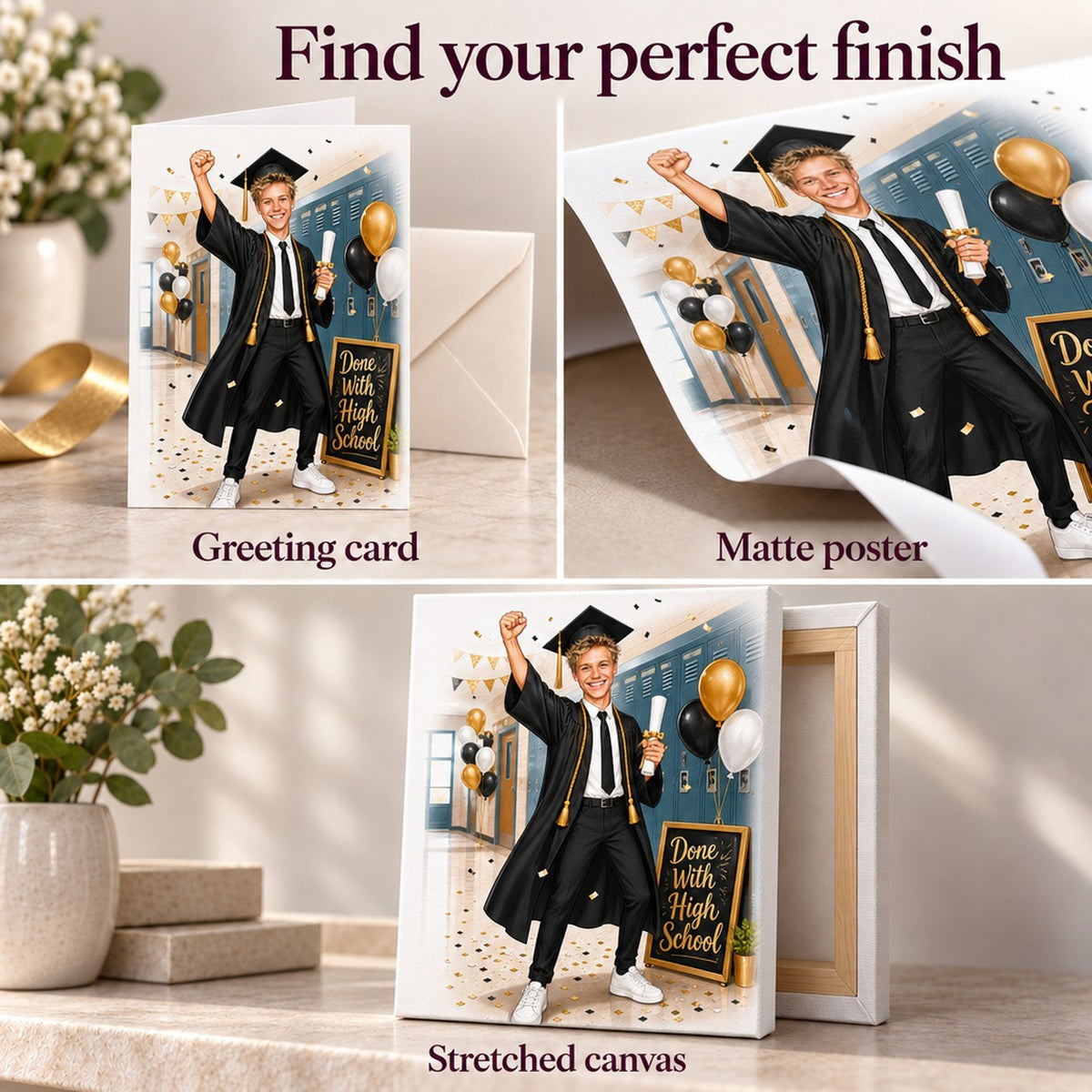 Greeting card with envelope, matte poster unframed, stretched canvas ready to hang graduation artwork