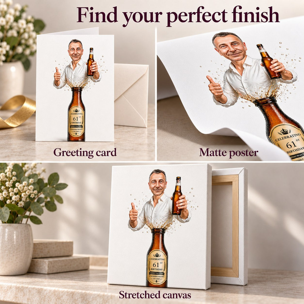 Matte poster, folded card with envelope, and stretched canvas texture shown close-up.