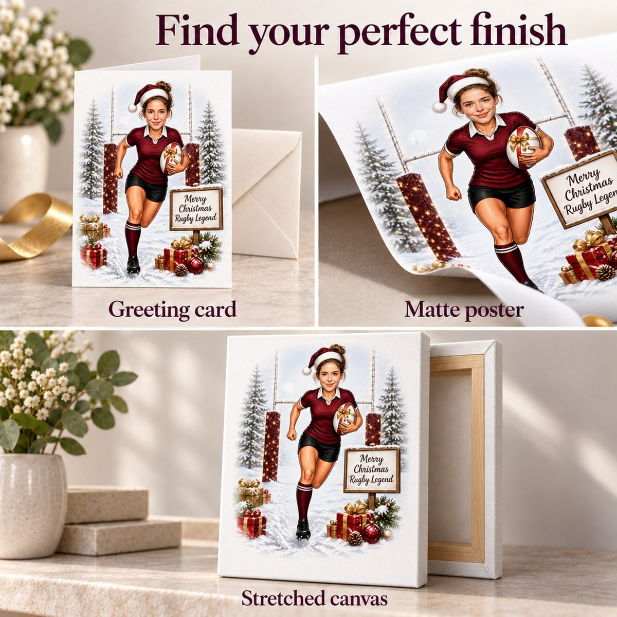 Close-ups of greeting card, matte poster, and stretched canvas finishes for rugby artwork.