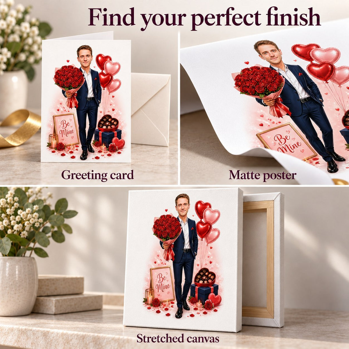 Closeups of matte poster paper, 5x7 greeting card with envelope, and stretched canvas texture.