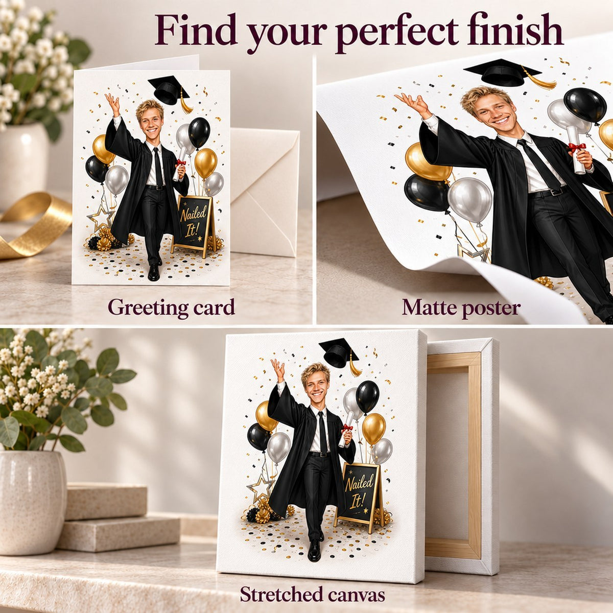 Close-up of greeting card, matte poster, and stretched canvas graduation finishes
