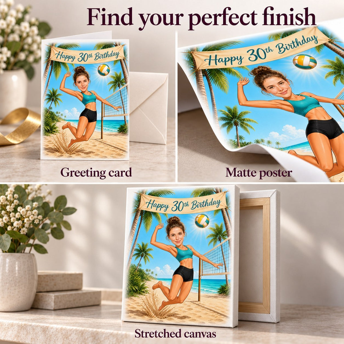 Greeting card, matte poster and stretched canvas finishes displayed together