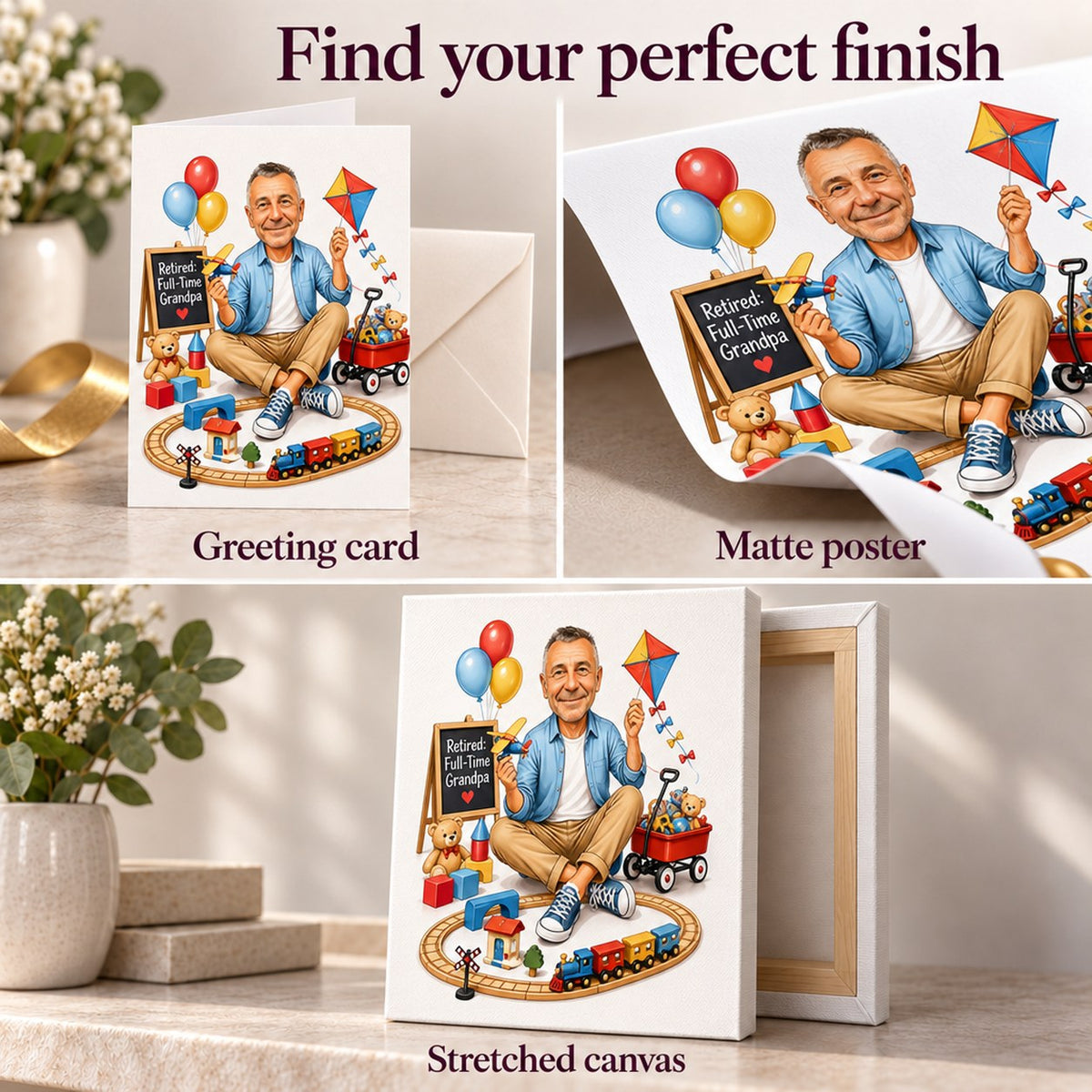 Greeting card, matte poster, and stretched canvas finishes for personalized caricature gift.