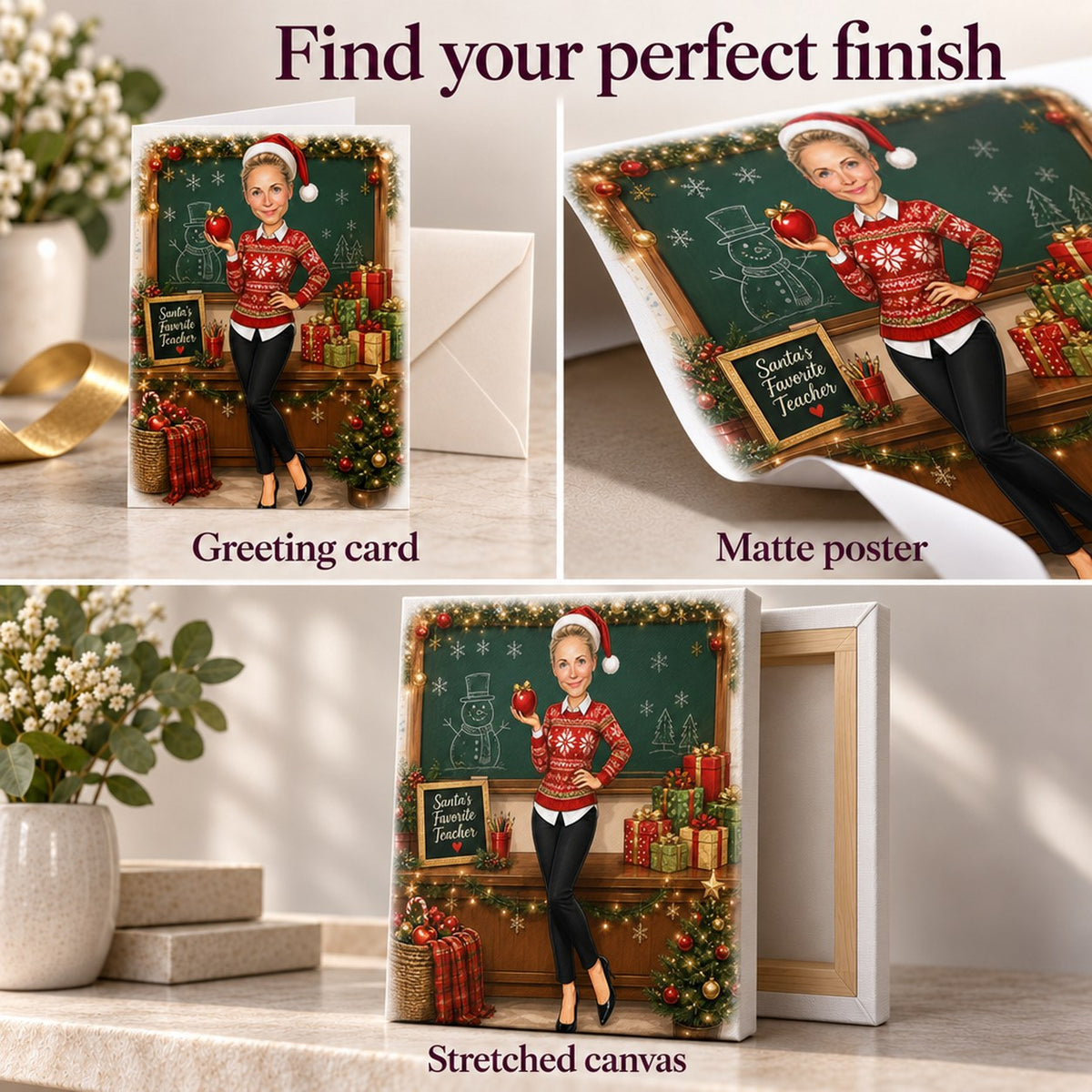 Greeting card with envelope, matte poster, and ready-to-hang stretched canvas finishes close-up.