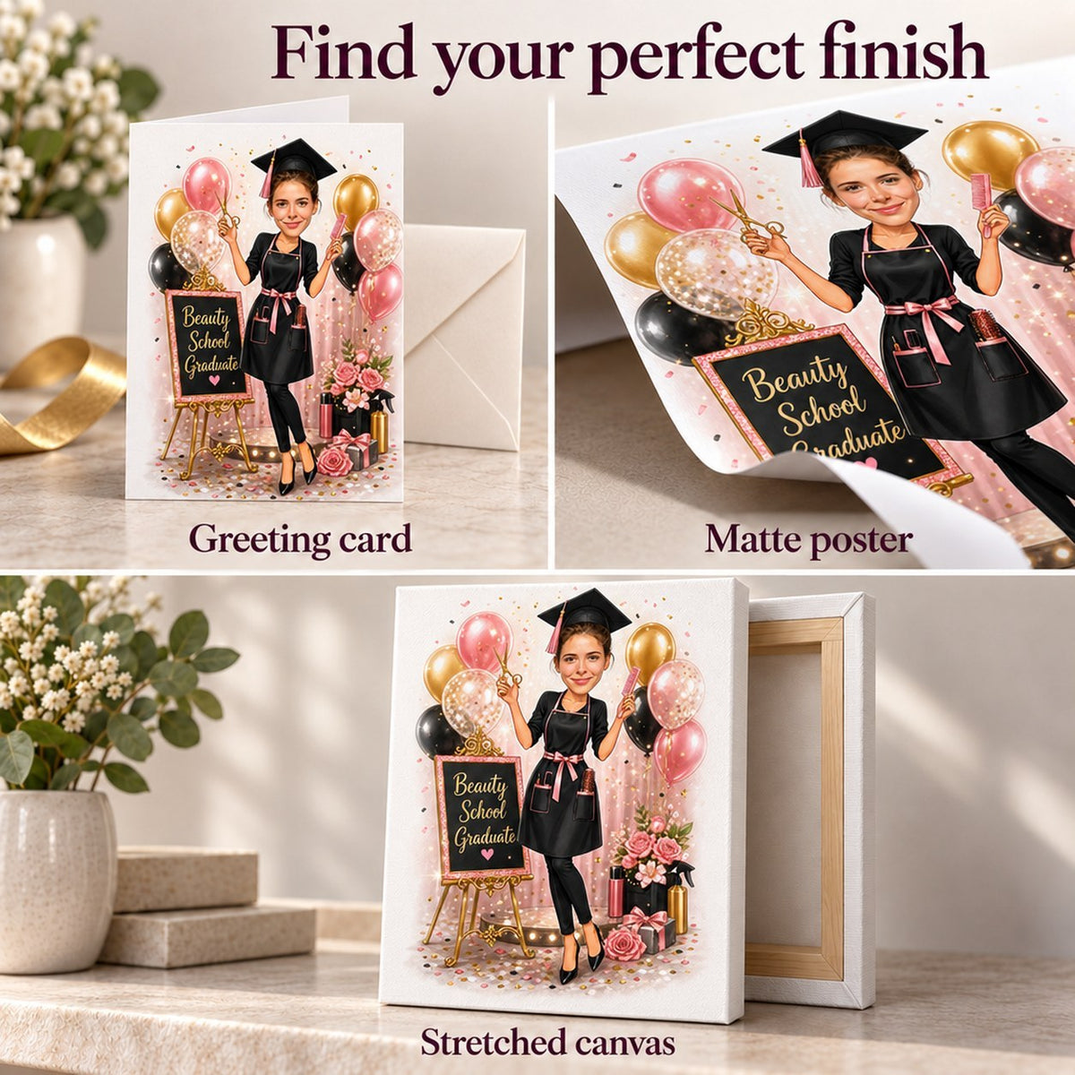 Greeting card, matte poster, and stretched canvas finish options shown together.