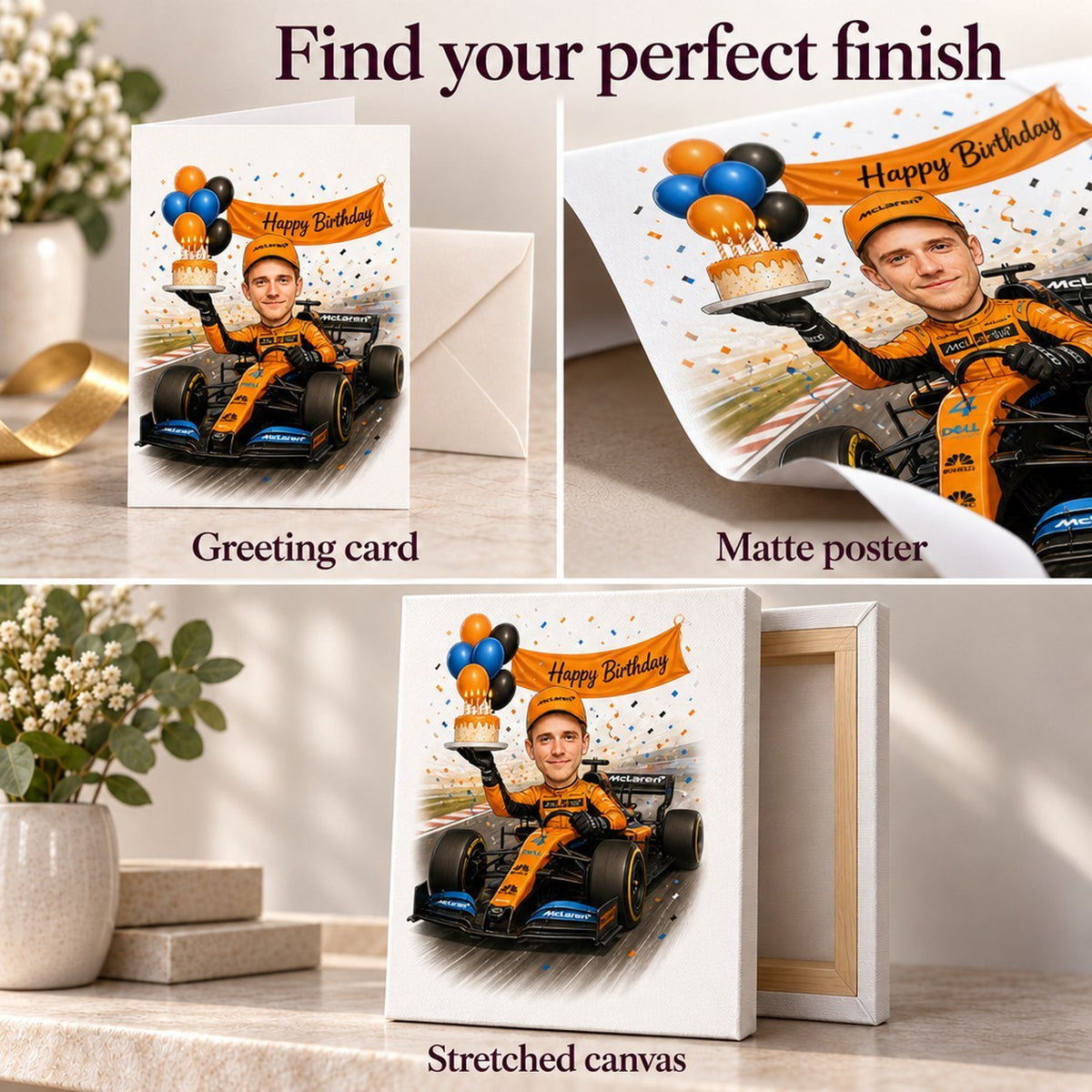 Close-ups of matte poster, stretched canvas, and folded greeting card print finishes and edges.