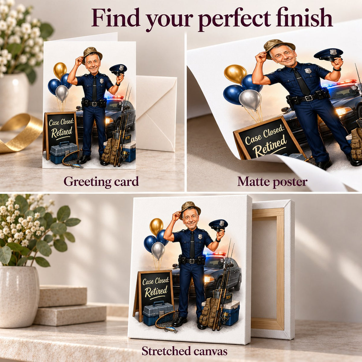 Details of greeting card, matte poster surface, and ready-to-hang stretched canvas edges
