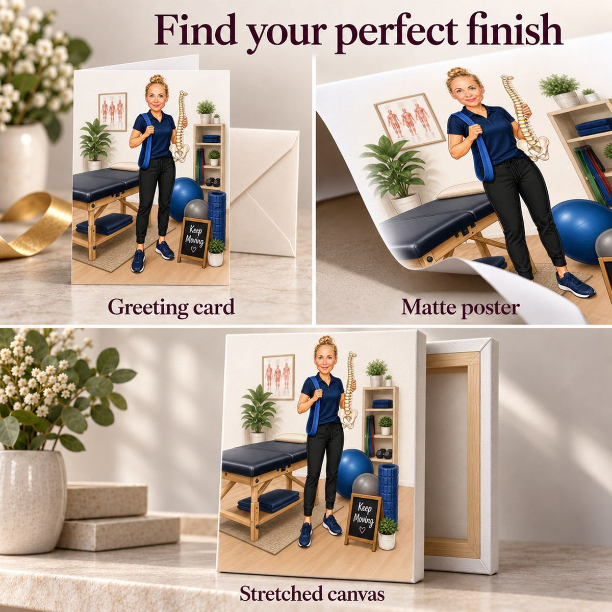 Close-up of 5x7 greeting card, matte poster, and stretched canvas finish options.