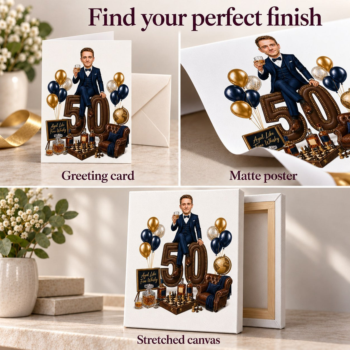 Matte poster, 5x7 greeting card, and stretched canvas featuring elegant gentleman birthday scene.