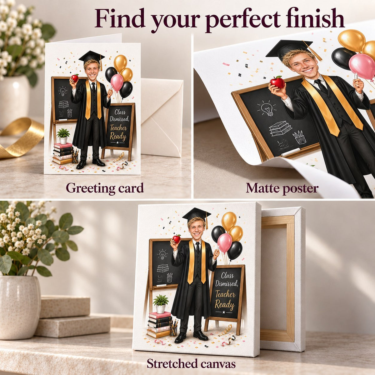 Greeting card, matte poster, and stretched canvas finishes for custom teacher graduation artwork