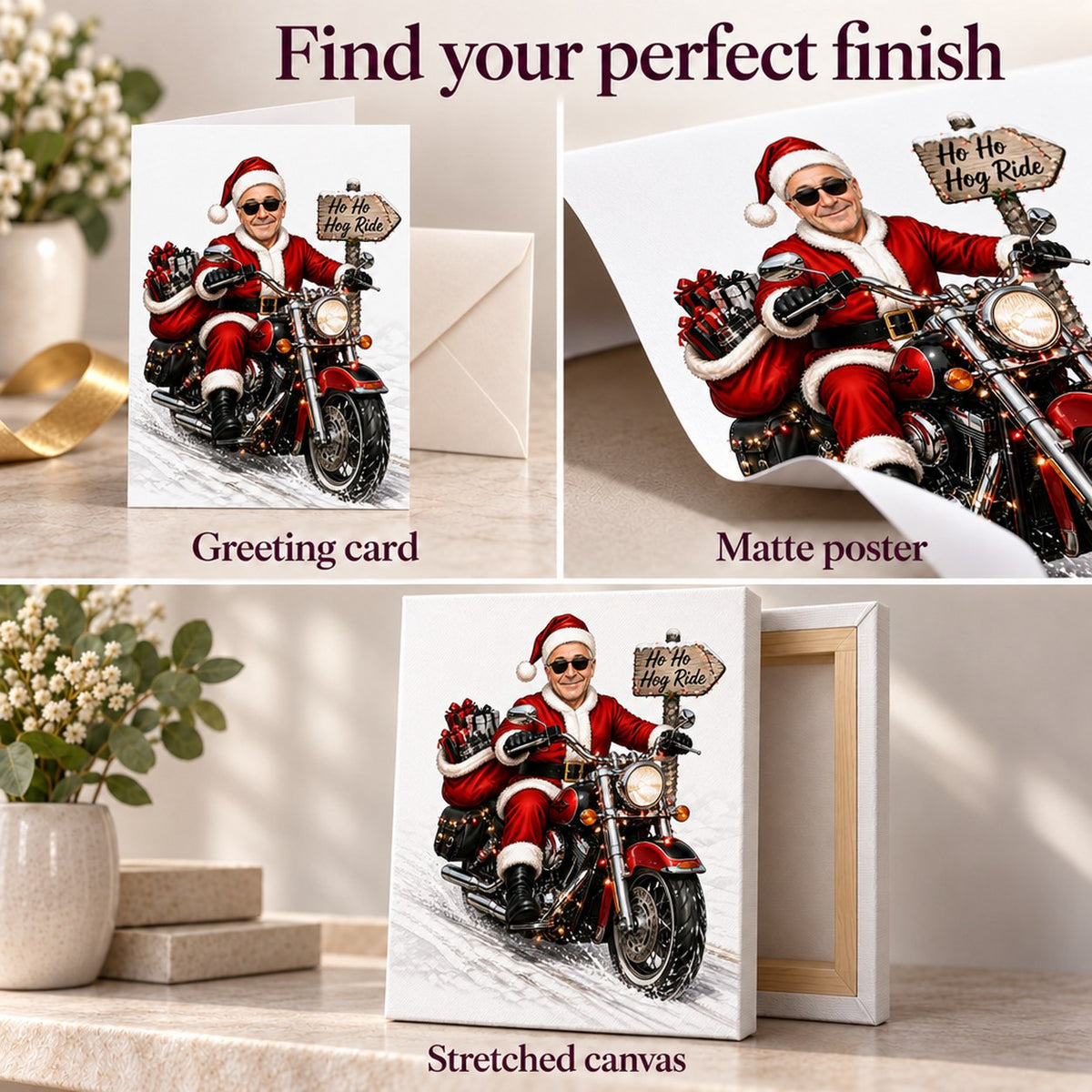 Greeting card, matte unframed poster, and stretched canvas ready to hang, premium print.