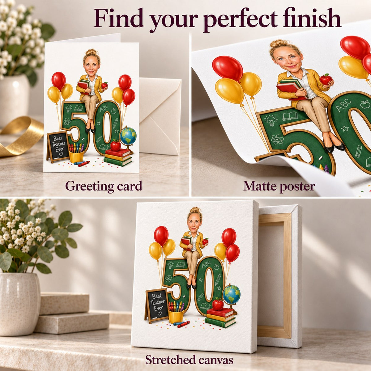 Matte poster, 5x7 greeting card with envelope, stretched canvas ready to hang.