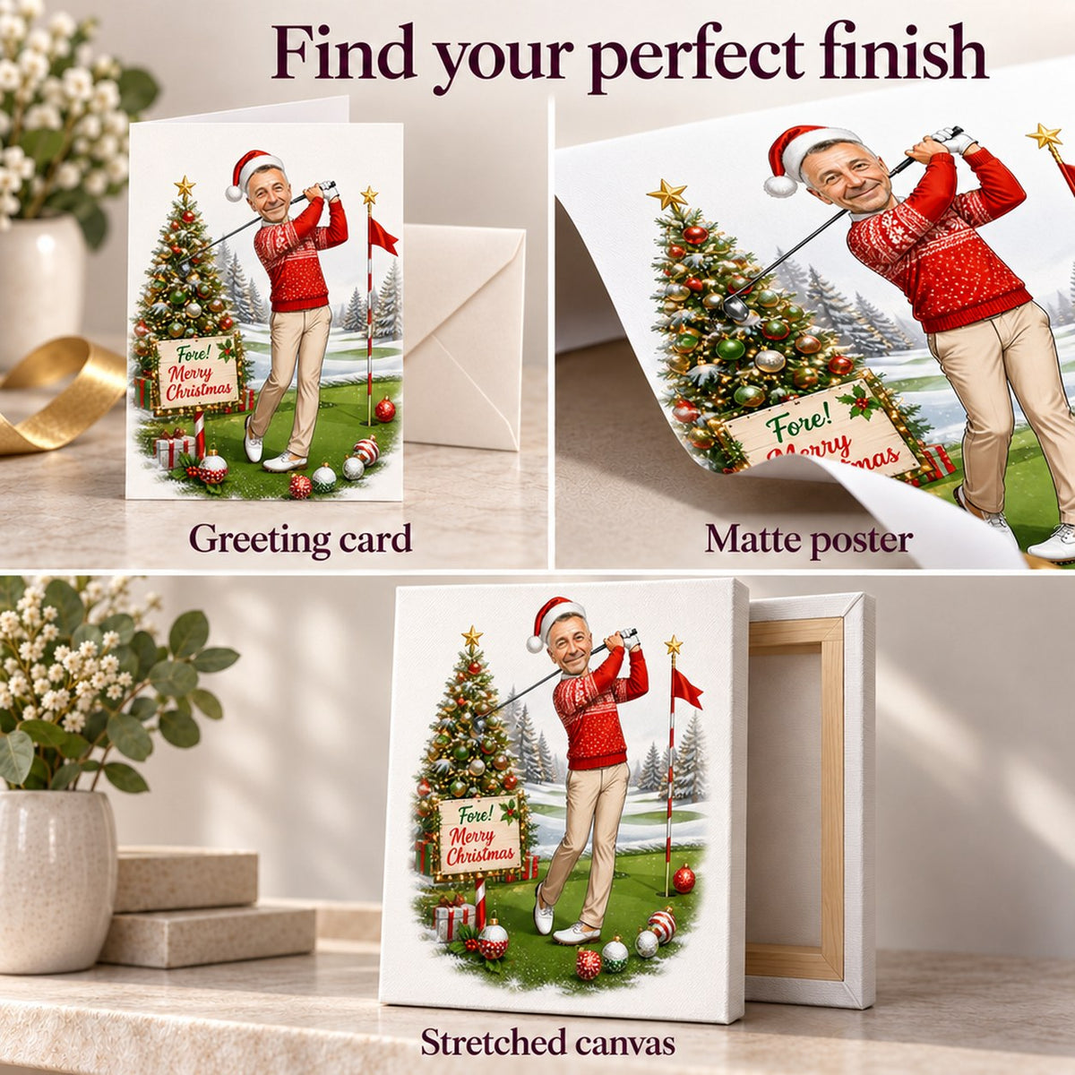 Closeups of greeting card, matte poster and stretched canvas finishes for custom Christmas golf caricature