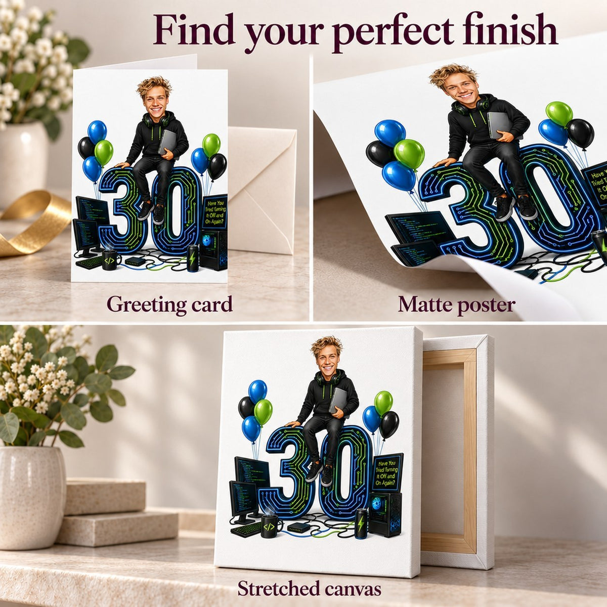 Detailed views of matte poster, stretched canvas, and 5x7 greeting card print finishes.