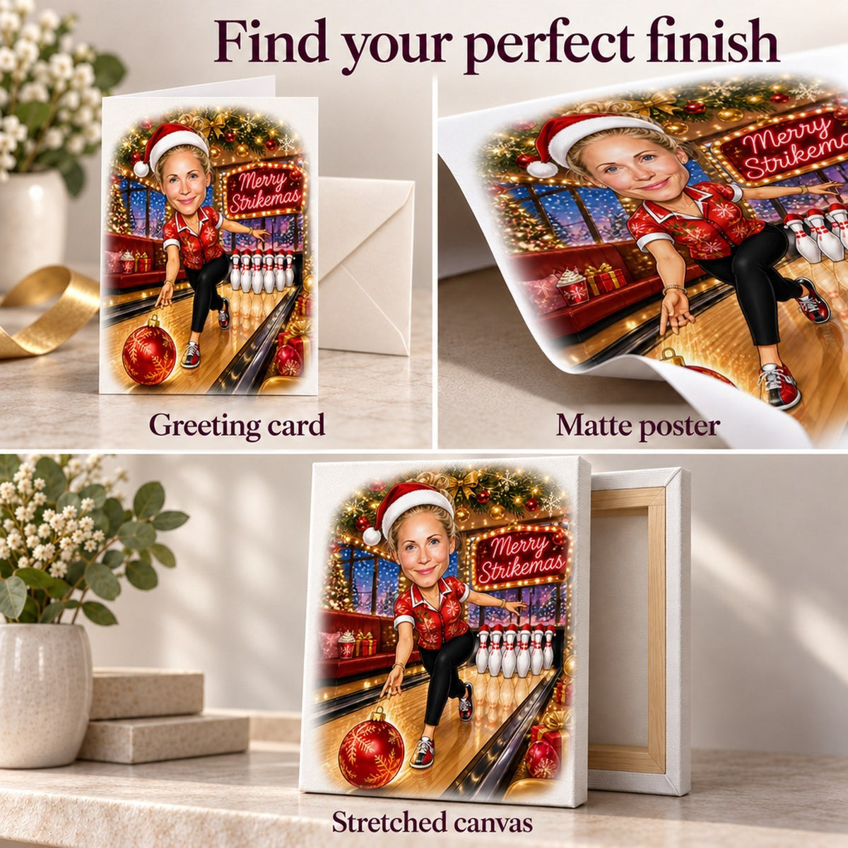 Closeups of greeting card, matte poster, and stretched canvas finishes with vivid festive colors.