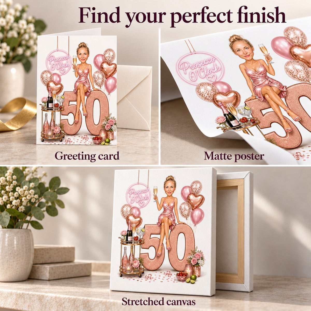 Greeting card, matte poster, and stretched canvas finishes with edges and texture shown.