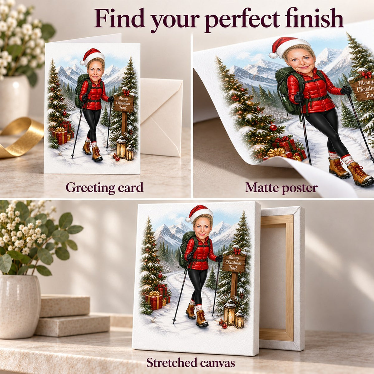 Greeting card, matte poster, and stretched canvas finishes of hiking Christmas caricature