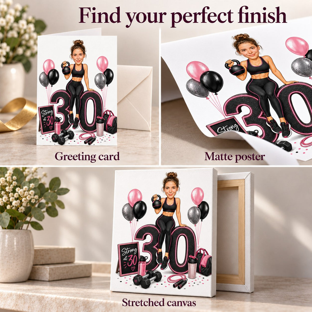 Greeting card, matte poster, and stretched canvas finishes shown for the fitness caricature.