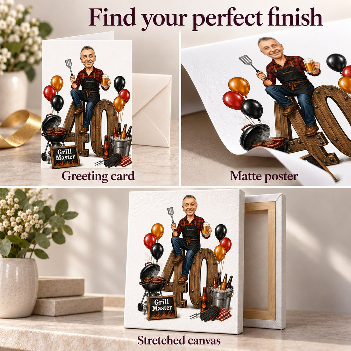 Matte poster, folded greeting card, and ready-to-hang stretched canvas close-ups.
