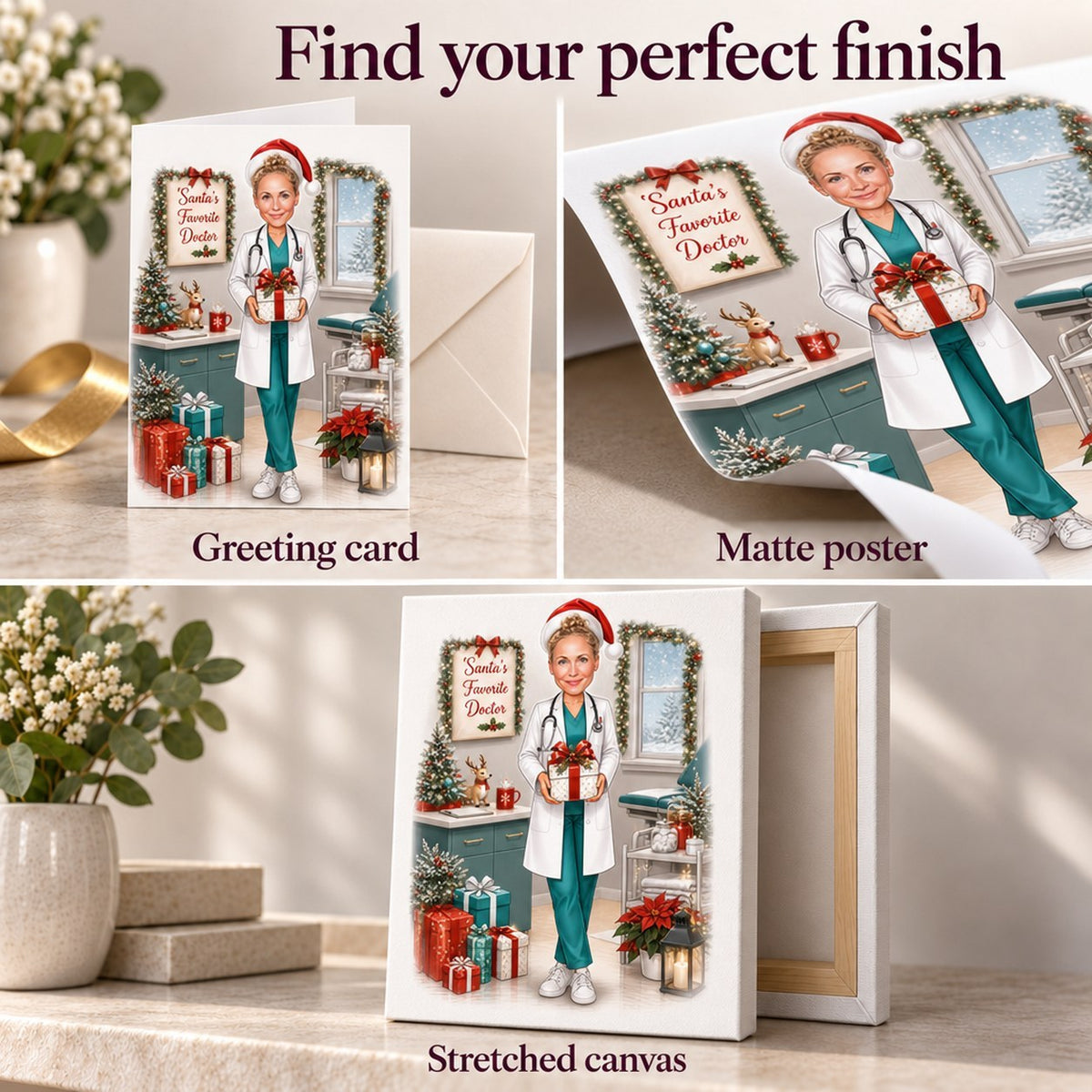 Greeting card, matte poster, stretched canvas, and downloadable digital file finishes displayed.