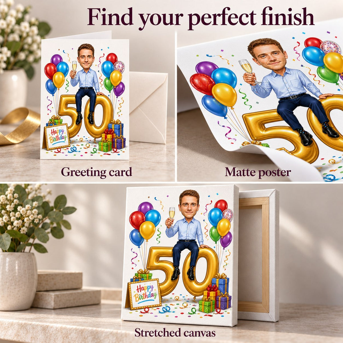 Matte poster, 5x7 greeting card with envelope, and ready-to-hang stretched canvas.