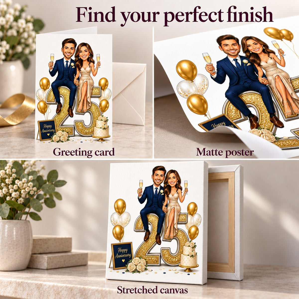 Greeting card, matte poster, and stretched canvas finish options for anniversary caricature.