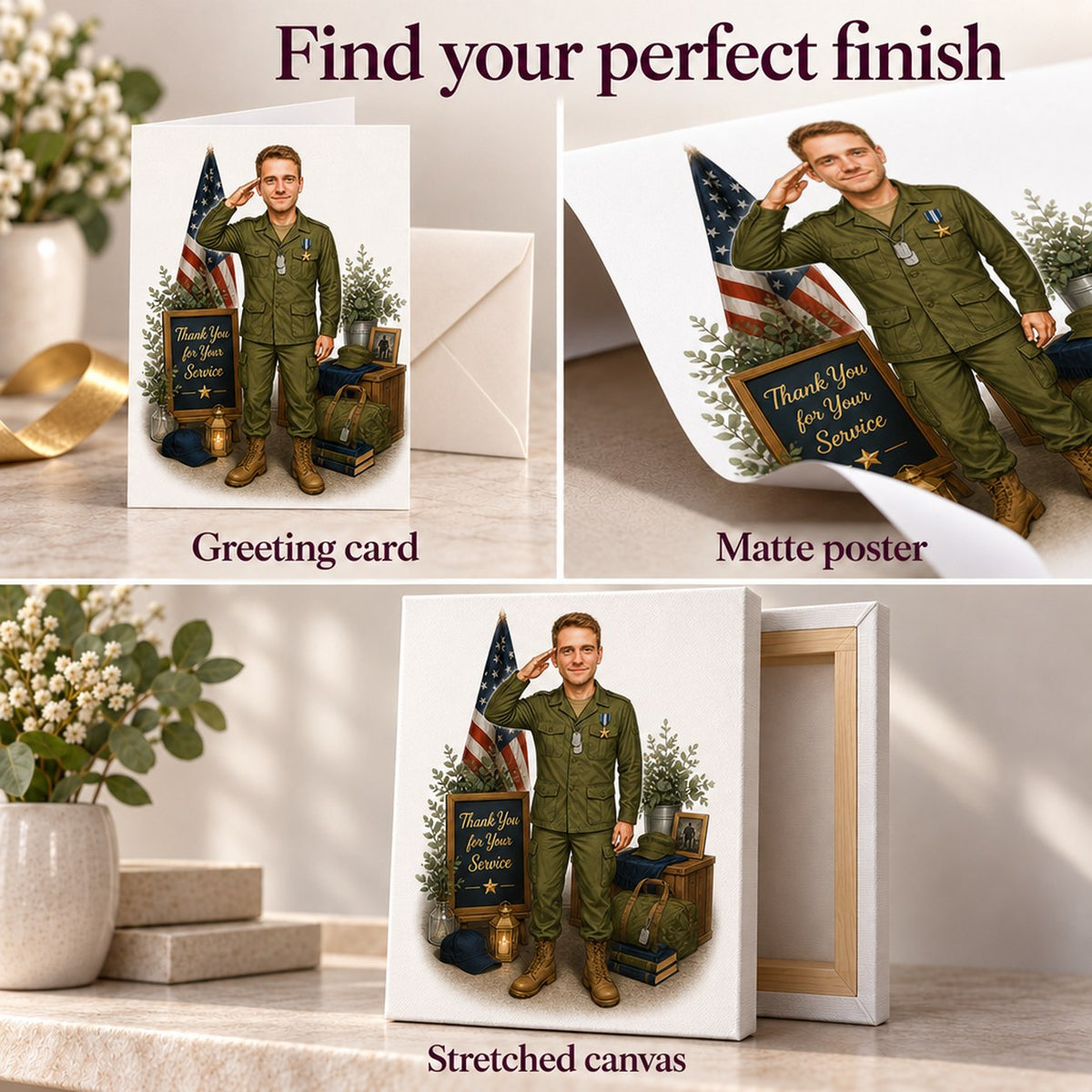 Choose digital file, 5x7 card, matte poster, or stretched canvas ready to hang.