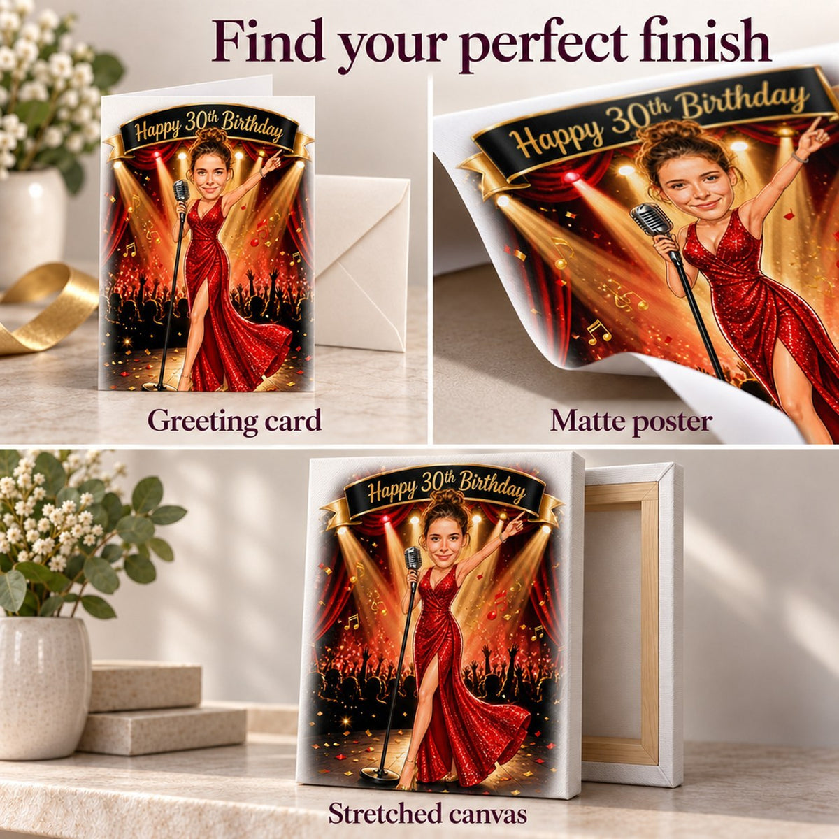 Matte poster texture, 5x7 greeting card with envelope, and ready-to-hang stretched canvas.