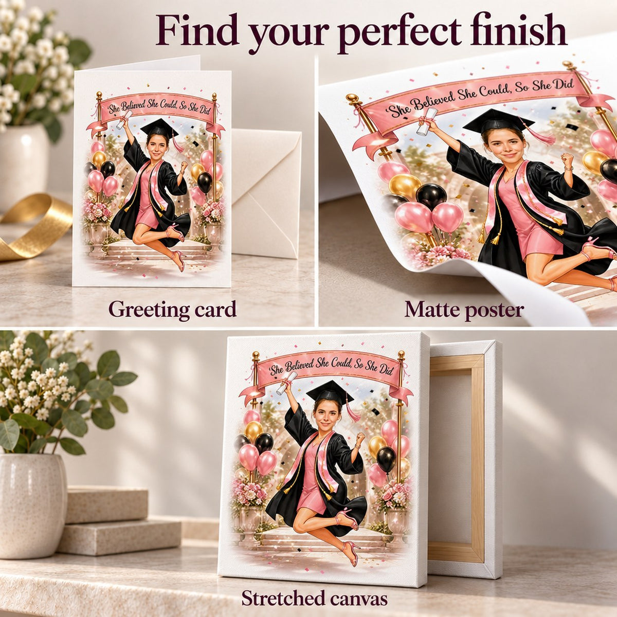 Greeting card, matte poster, and stretched canvas graduation caricature finishes