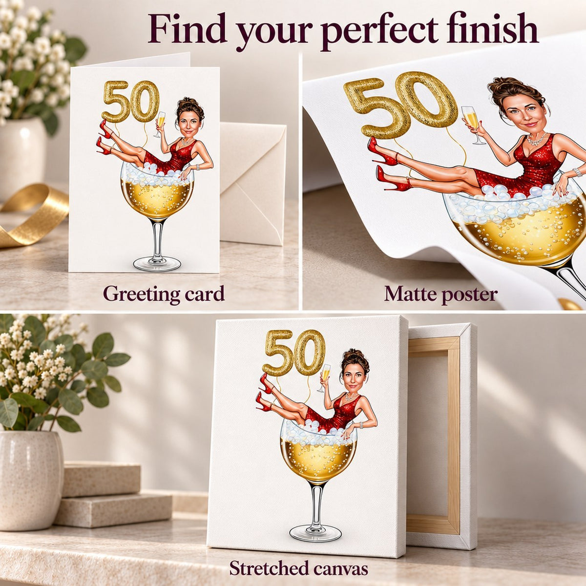Closeups of matte poster, folded greeting card, and stretched canvas edges and texture.