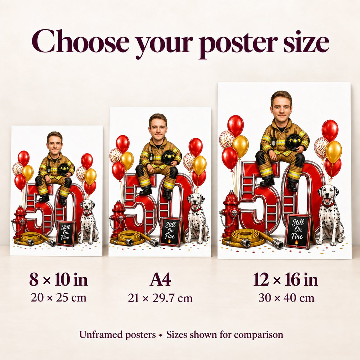 Poster size comparison: 8x10, A4, and 12x16 held against wall