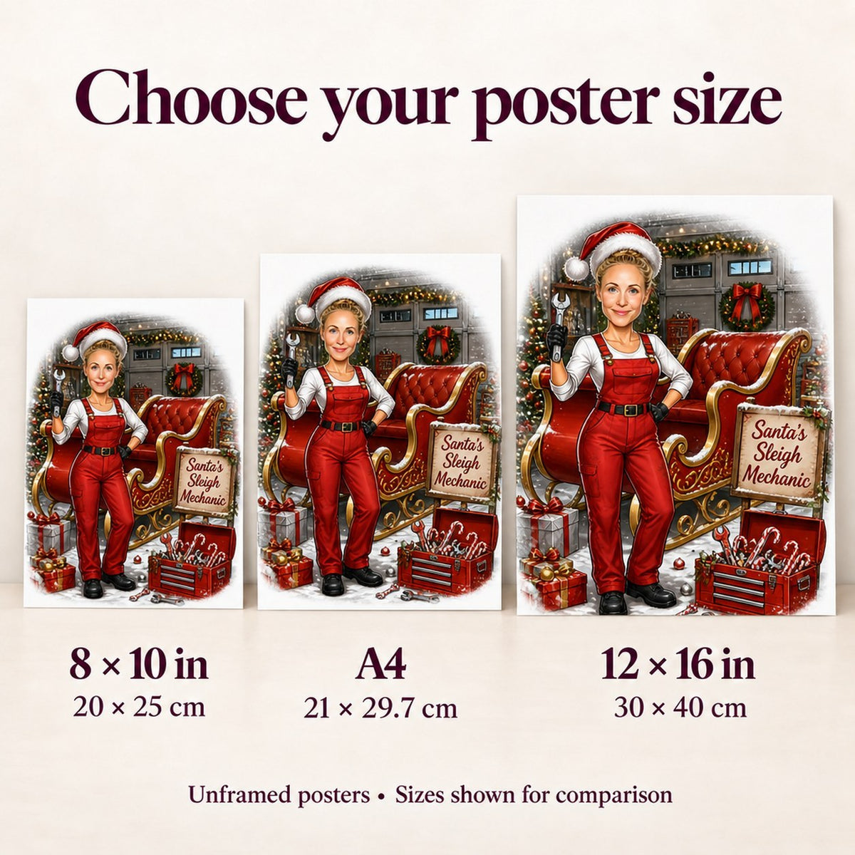 Poster size comparison showing 8x10, A4, and 12x16 mechanic Christmas caricature prints