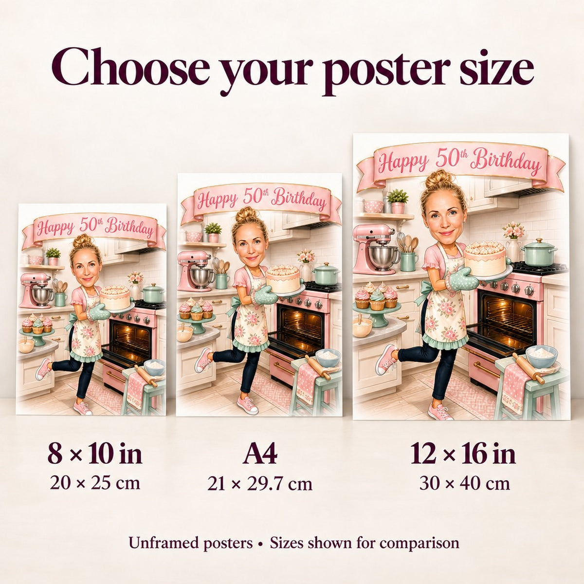 Matte poster size comparison showing 8x10, A4, and 12x16 baking prints on wall.