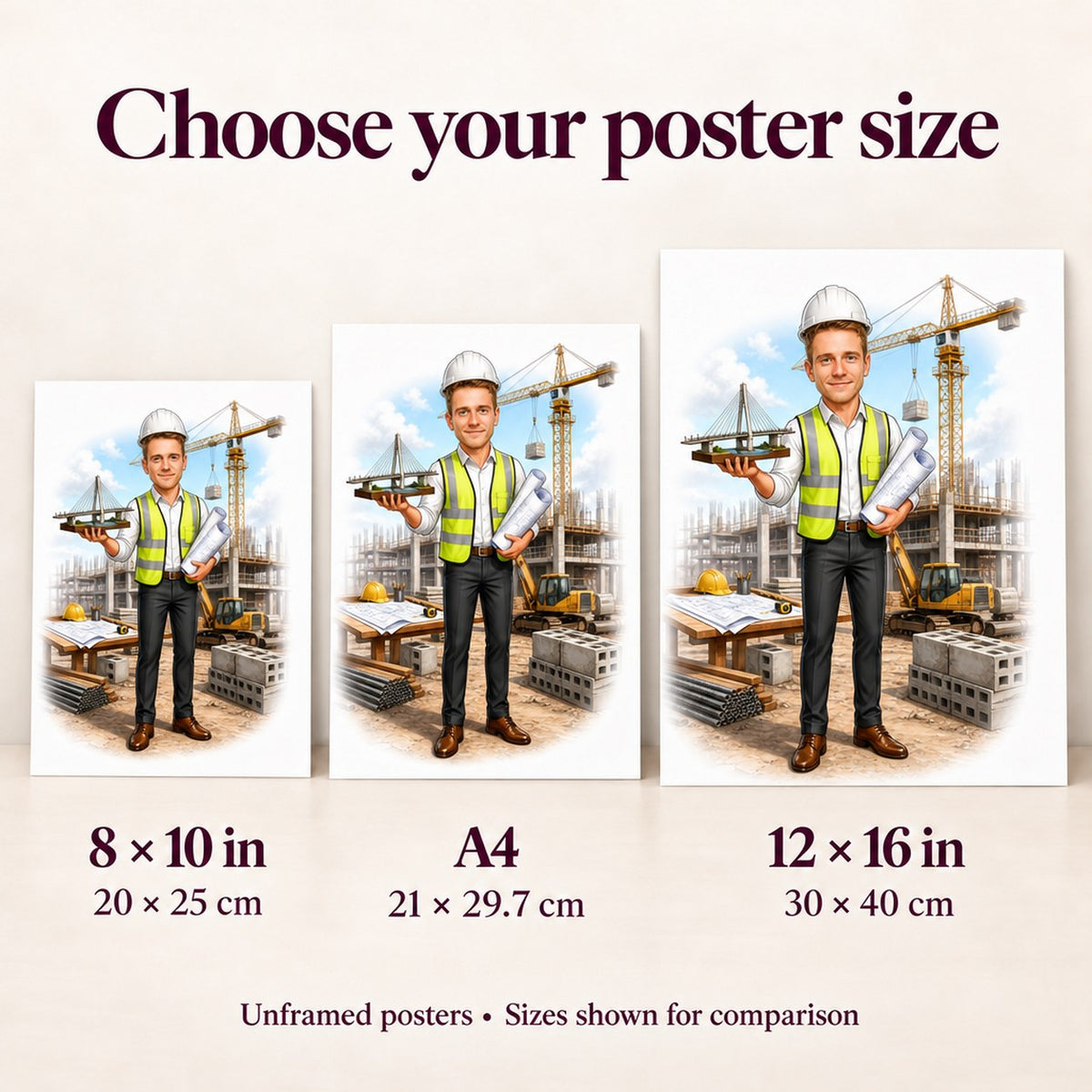 Matte posters in 8x10, A4, and 12x16 inches compared side by side.