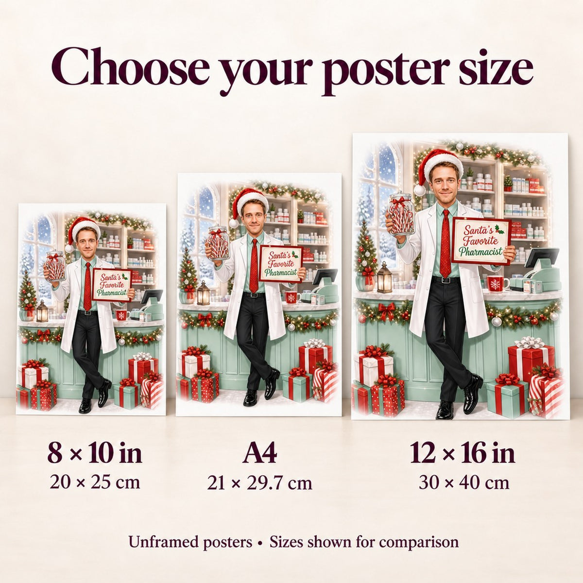 Size comparison of 8x10, A4, and 12x16 posters against a wall.