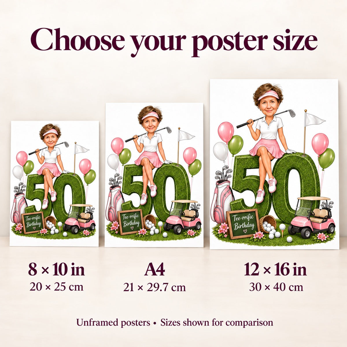 Person holding 8x10 and 12x16 posters to compare golf caricature print sizes.